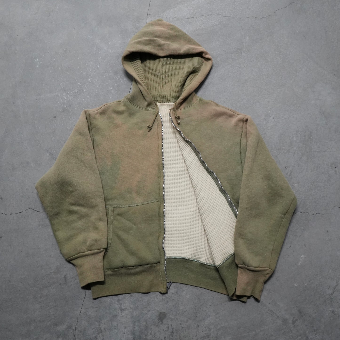50s thermal lined faded green zip up hoodie