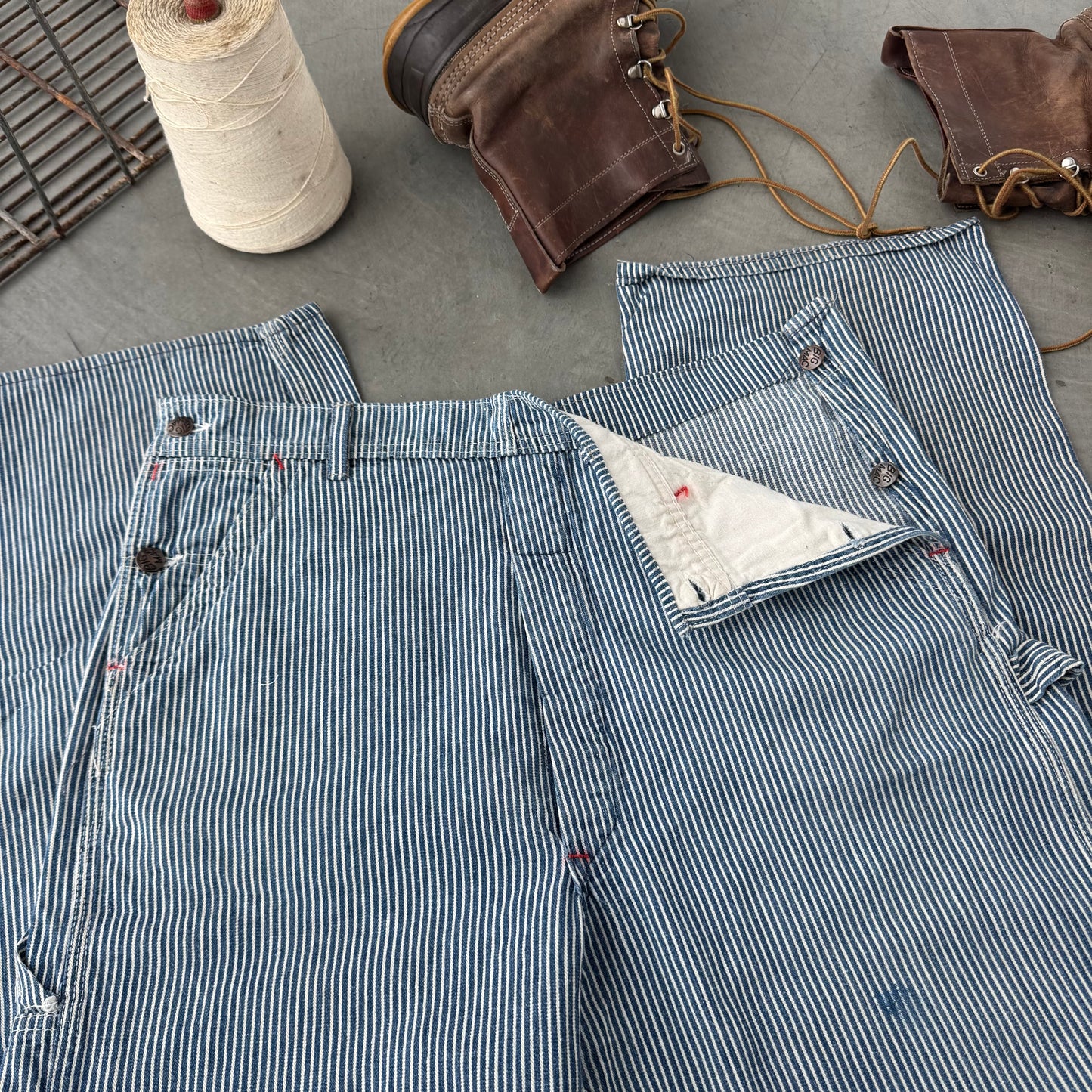 60s hickory striped overalls converted to pants