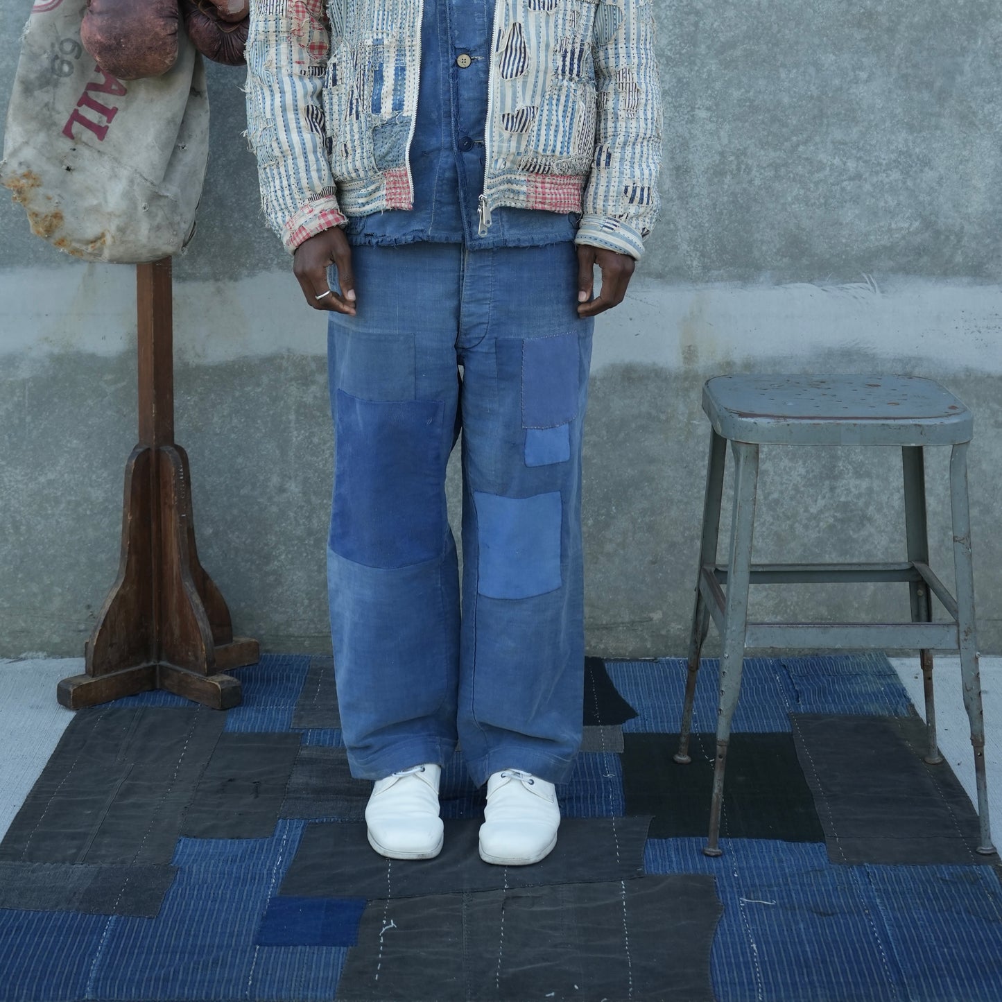 40s french moleskin patchwork buckle back pants