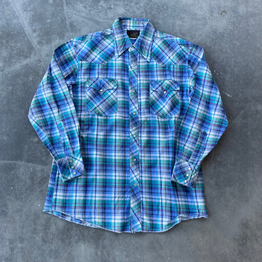 Blue Green Plaid Western Pearl Snap Shirt