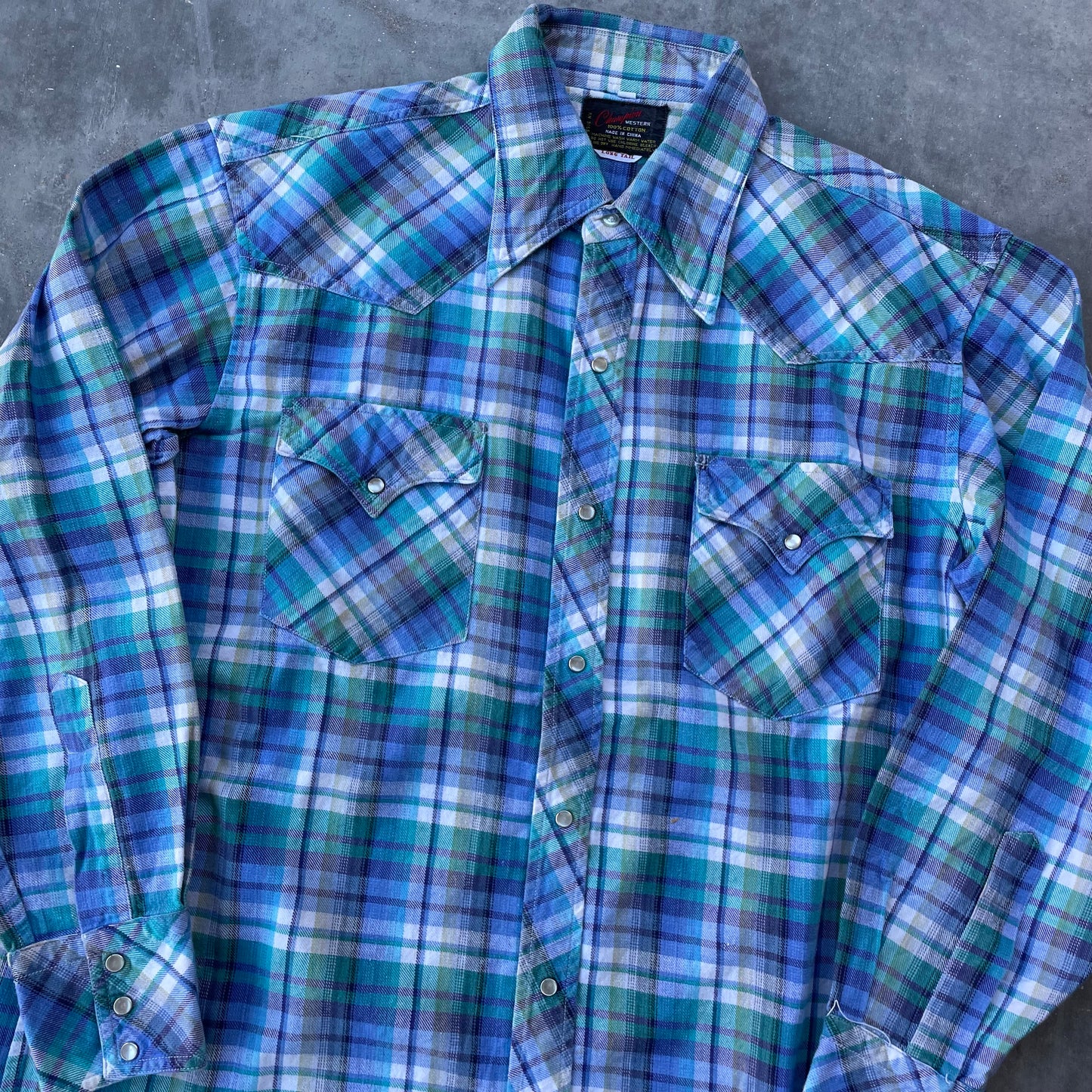 Blue Green Plaid Western Pearl Snap Shirt